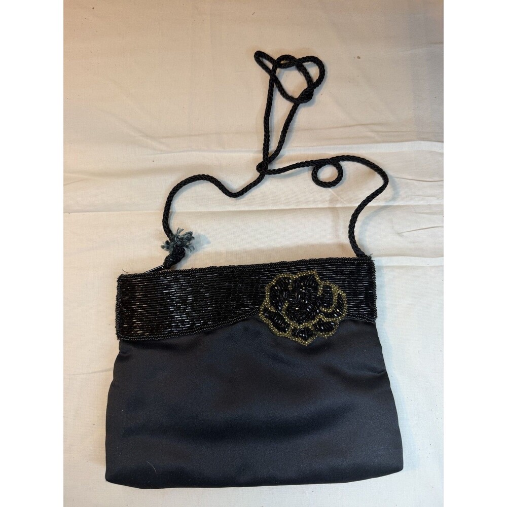 Vintage Andre Cellini Black Beaded Purse Shoulder Bag with Floral Design